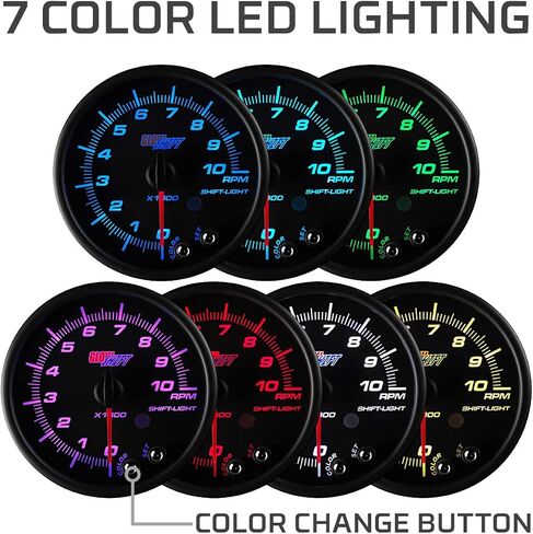 GlowShift Tinted 7 Color 10,000 RPM Tachometer Gauge - for 1-10 Cylinder Gas Powered Engines - Built-in Shift Light - Mounts in Custom Dashboard - Black Dial - Smoked Lens - 3-3/4" 95mm in Saudi Arabia