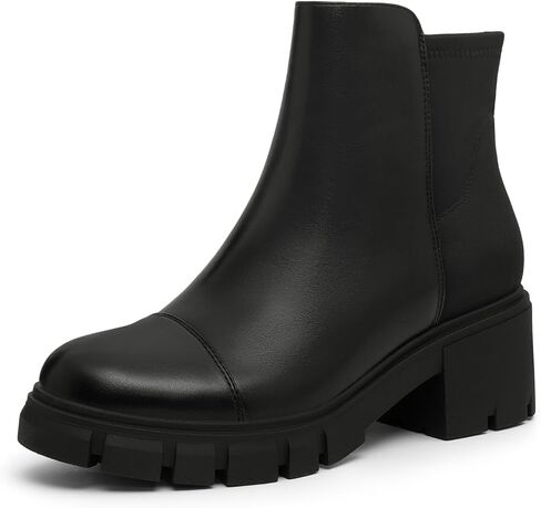 Athlefit Women's Chunky Heel Ankle Boots Platform Lug Sole Elastic Chelsea Short Booties WIth Side Zipper in Kuwait