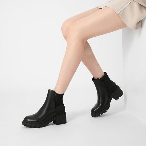 Athlefit Women's Chunky Heel Ankle Boots Platform Lug Sole Elastic Chelsea Short Booties WIth Side Zipper in Kuwait