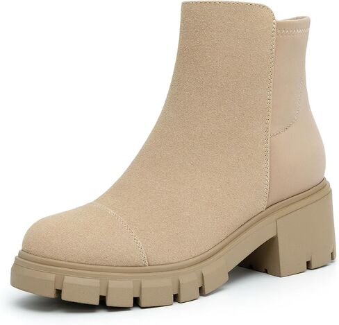 Athlefit Women's Chunky Heel Ankle Boots Platform Lug Sole Elastic Chelsea Short Booties WIth Side Zipper in Saudi Arabia