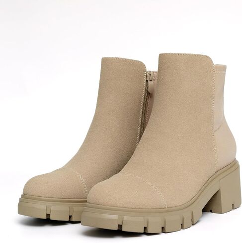 Athlefit Women's Chunky Heel Ankle Boots Platform Lug Sole Elastic Chelsea Short Booties WIth Side Zipper in Saudi Arabia