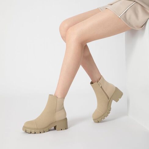 Athlefit Women's Chunky Heel Ankle Boots Platform Lug Sole Elastic Chelsea Short Booties WIth Side Zipper in Saudi Arabia