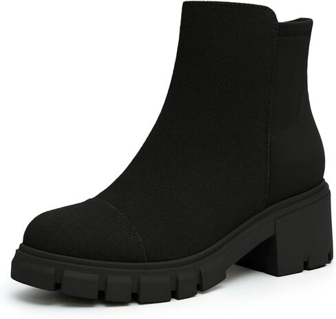 Athlefit Women's Chunky Heel Ankle Boots Platform Lug Sole Elastic Chelsea Short Booties WIth Side Zipper in Kuwait
