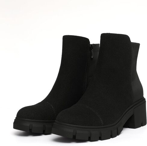 Athlefit Women's Chunky Heel Ankle Boots Platform Lug Sole Elastic Chelsea Short Booties WIth Side Zipper in Kuwait