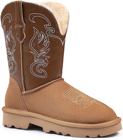Winter Cowboy Snow Boots for Women - Genuine Suede Leather Cowgirl Boots, Western Embroidered Mid-Calf Botas Warm Furry Lined in Saudi Arabia