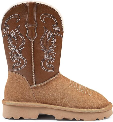 Winter Cowboy Snow Boots for Women - Genuine Suede Leather Cowgirl Boots, Western Embroidered Mid-Calf Botas Warm Furry Lined in Saudi Arabia