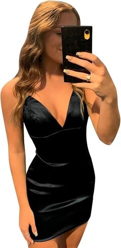 الأشرطة السباغيتي تشرق الثياب الوطنية قصيرة للنساء v-te-lejed prom party party dress satin in Kuwait