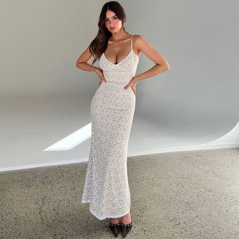 Women's Slim fit Sexy Long Skirt Sleeveless V-Neck Suspender lace Dress with Hip wrap Skirt in Saudi Arabia