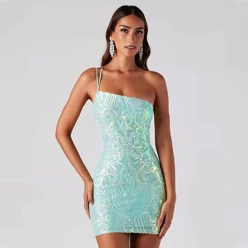 One Shoulder Short Homecoming Dresses for Teens Sparkly Sequin HOCO Dresses for Women Bodycon Mini Dress Rave Party Nightclub in Saudi Arabia