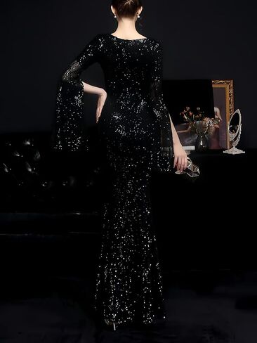 Elegant Long Sleeves Evening Dresses with Glitter V Neck Sequin Mermaid Maxi Gala Gown Sparkly Formal Dress in Saudi Arabia