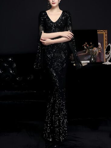 Elegant Long Sleeves Evening Dresses with Glitter V Neck Sequin Mermaid Maxi Gala Gown Sparkly Formal Dress in Saudi Arabia