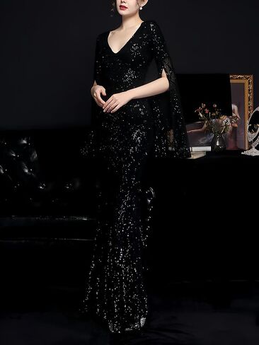 Elegant Long Sleeves Evening Dresses with Glitter V Neck Sequin Mermaid Maxi Gala Gown Sparkly Formal Dress in Saudi Arabia