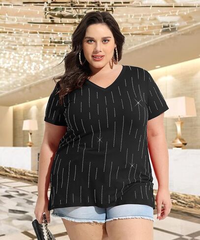 Ritera plus size requin requin tops for women shimmer glitter v neck pluse short shore shore fashy party thirts xl-5xl in Kuwait