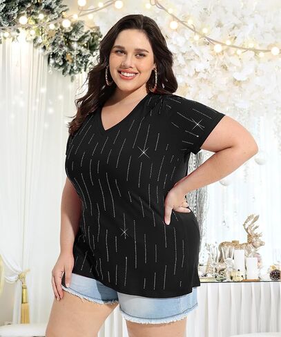 Ritera plus size requin requin tops for women shimmer glitter v neck pluse short shore shore fashy party thirts xl-5xl in Kuwait