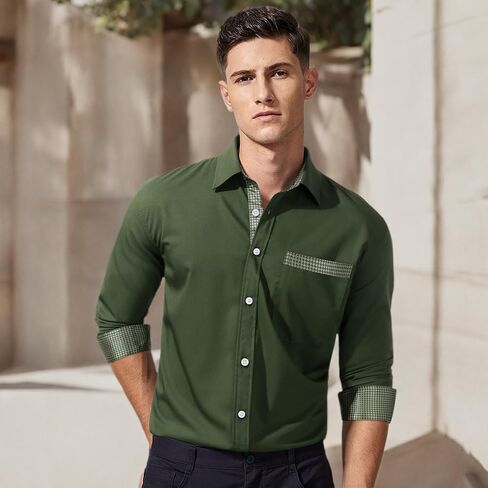 Enlision 305C Men's Slim Fit Long Sleeve Dress Shirt Button Down Collar Wrinkle Resistant Business Casual for Wedding Prom in Kuwait