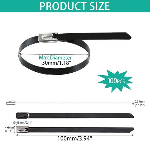 100pcs zip zip يربط الشقوق في الهواء الطلق ، 304 من الفولاذ المقاوم للصدأ الايبوكسي المغلفة المغلفة يربط الرمز البريدي روابط سوداء سلكية سلكية سود in Kuwait