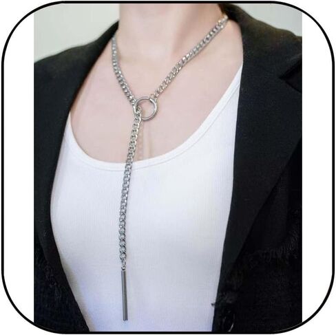 Black Stain Steel Lariat Y Necklaces Wrap Choker Necklace Punk Gothic Bar Pendant Cuban Link O Ring Long Black Necklaces Adjustable Slip Chain Necklace jewelry gift for women ﻿ in Saudi Arabia