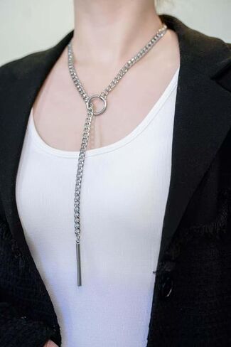 Black Stain Steel Lariat Y Necklaces Wrap Choker Necklace Punk Gothic Bar Pendant Cuban Link O Ring Long Black Necklaces Adjustable Slip Chain Necklace jewelry gift for women ﻿ in Saudi Arabia
