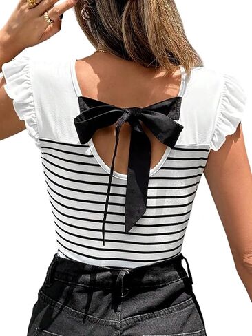 GORGLITTER Women's Bow Short Sleeve Ruffle Tee Tops Trendy Summer Casual Cute Striped Round Neck Tie Back Shirt Top in Saudi Arabia