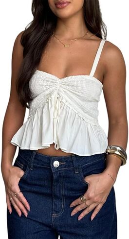 Women Y2K Babydoll Peplum Cami Shirt Spaghetti Strap V Neck Ruffle Hem Camisole Sleeveless Summer Going Out Tops in Saudi Arabia
