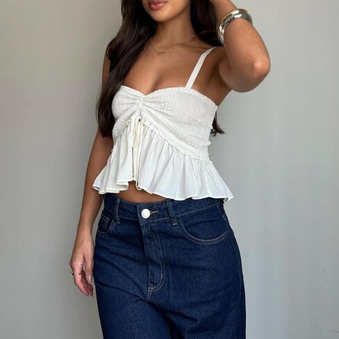 Women Y2K Babydoll Peplum Cami Shirt Spaghetti Strap V Neck Ruffle Hem Camisole Sleeveless Summer Going Out Tops in Saudi Arabia