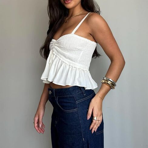 Women Y2K Babydoll Peplum Cami Shirt Spaghetti Strap V Neck Ruffle Hem Camisole Sleeveless Summer Going Out Tops in Saudi Arabia