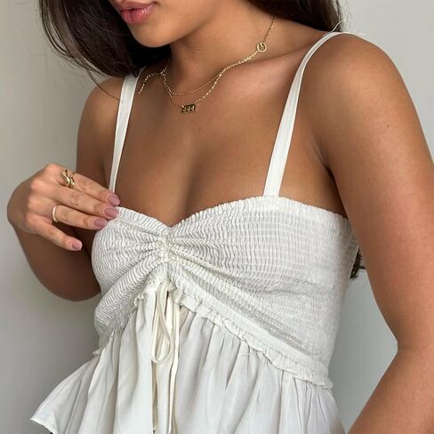 Women Y2K Babydoll Peplum Cami Shirt Spaghetti Strap V Neck Ruffle Hem Camisole Sleeveless Summer Going Out Tops in Saudi Arabia