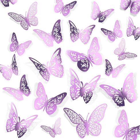 Crosize 48 PCS Butterfly Decorations - 4 أنماط ، 3 أحجام ، ديكور الجدار ثلاثي الأبعاد للحفلة ، الحرف ، باقة ، تزيين الكيك ، ترتيبات الزهور ， لافندر in Kuwait