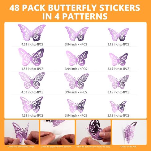 Crosize 48 PCS Butterfly Decorations - 4 أنماط ، 3 أحجام ، ديكور الجدار ثلاثي الأبعاد للحفلة ، الحرف ، باقة ، تزيين الكيك ، ترتيبات الزهور ， لافندر in Kuwait
