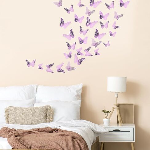 Crosize 48 PCS Butterfly Decorations - 4 أنماط ، 3 أحجام ، ديكور الجدار ثلاثي الأبعاد للحفلة ، الحرف ، باقة ، تزيين الكيك ، ترتيبات الزهور ， لافندر in Kuwait
