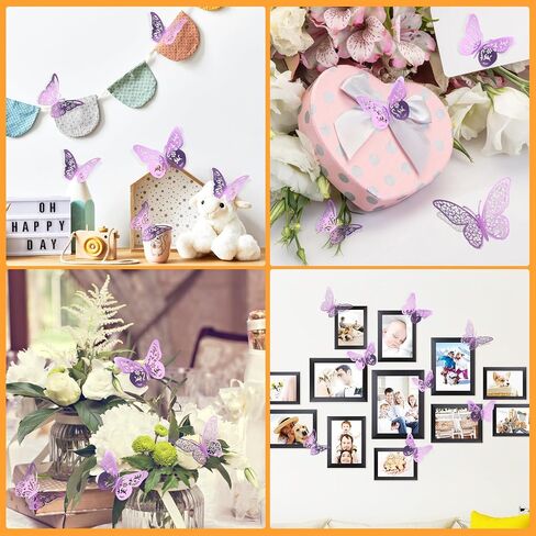 Crosize 48 PCS Butterfly Decorations - 4 أنماط ، 3 أحجام ، ديكور الجدار ثلاثي الأبعاد للحفلة ، الحرف ، باقة ، تزيين الكيك ، ترتيبات الزهور ， لافندر in Kuwait