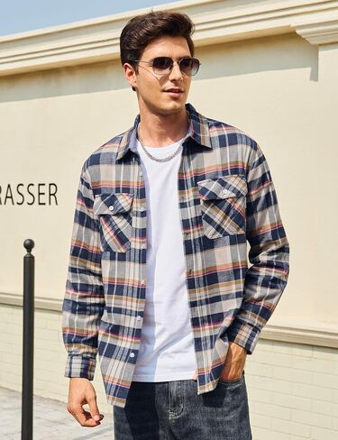 Cotrasen Mens Flannel Shirts Long Sleeve Flannel Shirt for Men Cotton Casual Fashion Button Down Shirt with 2 Pockets in Kuwait
