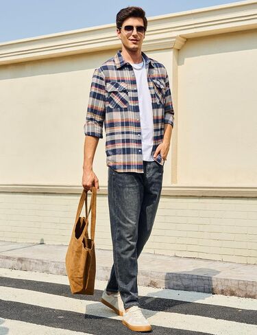 Cotrasen Mens Flannel Shirts Long Sleeve Flannel Shirt for Men Cotton Casual Fashion Button Down Shirt with 2 Pockets in Kuwait