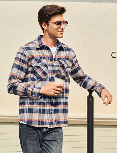 Cotrasen Mens Flannel Shirts Long Sleeve Flannel Shirt for Men Cotton Casual Fashion Button Down Shirt with 2 Pockets in Kuwait