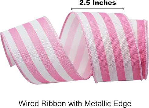 2.5"" Black and Pink Striped Burlap Wired Ribbon, Floral Arrangement, 10 Yards Gift Wrapping, Wreath, Bows, Holiday, Craft Wired Edge Ribbon (pink) in Saudi Arabia