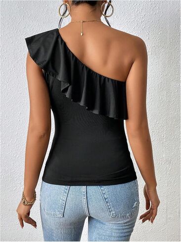 MakeMeChic Women's Ruffle One Shoulder Camisole Tops Sleeveless Fitted Tank Shirts in Kuwait
