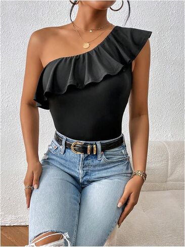 MakeMeChic Women's Ruffle One Shoulder Camisole Tops Sleeveless Fitted Tank Shirts in Kuwait