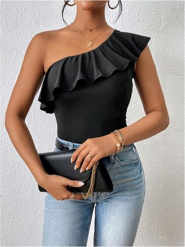 MakeMeChic Women's Ruffle One Shoulder Camisole Tops Sleeveless Fitted Tank Shirts in Kuwait