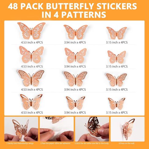 Crosize 48 PCS Butterfly Decorations - 4 أنماط ، 3 أحجام ، ديكور الجدار ثلاثي الأبعاد للحفلة ، الحرف ، باقة ، تزيين الكيك ، ترتيبات الزهور ， لافندر in Kuwait