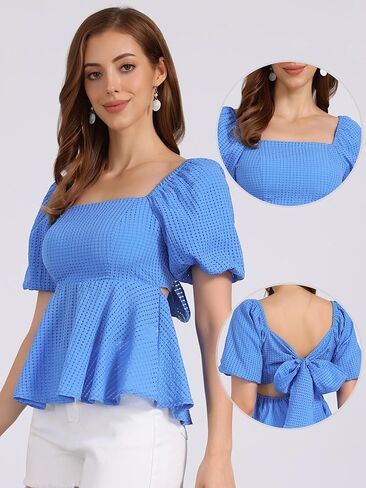 Allegra K Peplum Tops for Women Summer Square Neck Puff Short Sleeve Blouse Casual Smocked Top in Kuwait
