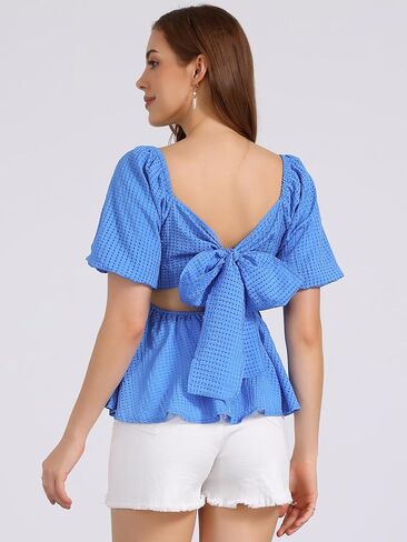 Allegra K Peplum Tops for Women Summer Square Neck Puff Short Sleeve Blouse Casual Smocked Top in Kuwait