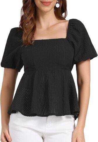 Allegra K Peplum Tops for Women Summer Square Neck Puff Short Sleeve Blouse Casual Smocked Top in Saudi Arabia