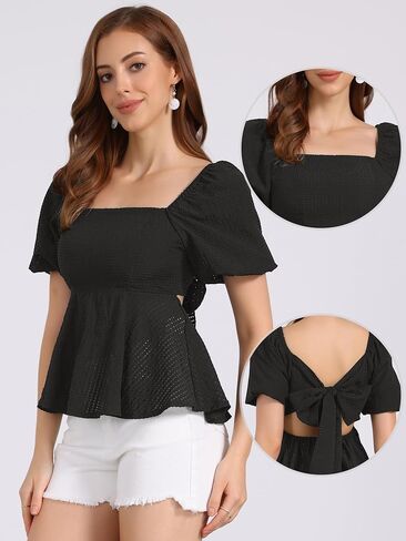 Allegra K Peplum Tops for Women Summer Square Neck Puff Short Sleeve Blouse Casual Smocked Top in Saudi Arabia