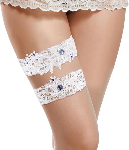 2pcs Wedding Garter for Bride,Lace Garter Belt with Blue Rhinestone,Soft Garters for Bride,Bridal Accessories in Saudi Arabia