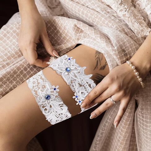 2pcs Wedding Garter for Bride,Lace Garter Belt with Blue Rhinestone,Soft Garters for Bride,Bridal Accessories in Saudi Arabia