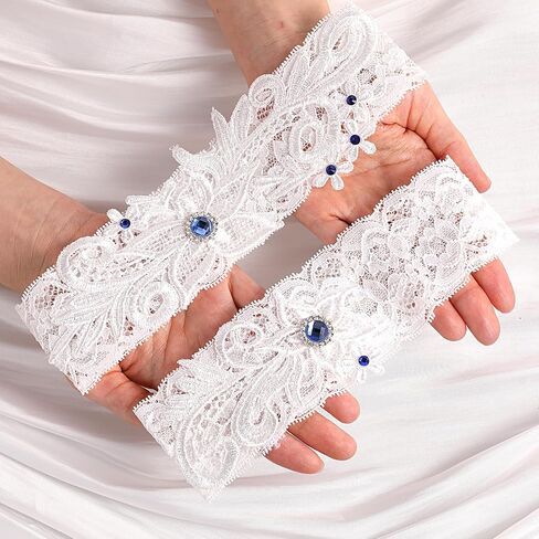 2pcs Wedding Garter for Bride,Lace Garter Belt with Blue Rhinestone,Soft Garters for Bride,Bridal Accessories in Saudi Arabia