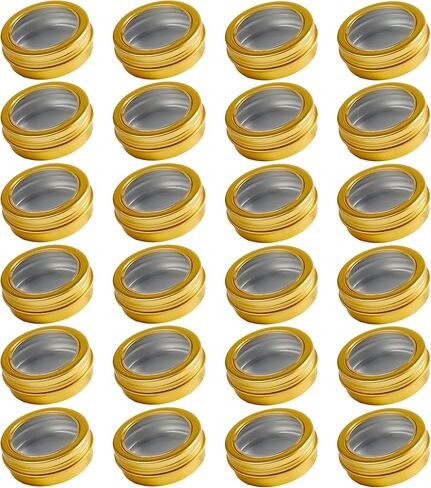 24 Pack 2 Ounce Screw Top Aluminum Tin Jar with Screw Clear Lid and Blank Labels, Refillable 60ml Metal Containers for Lip Balms, Candles, Salves, Spices, Crafts (Gold) in Kuwait