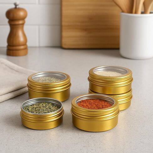 24 Pack 2 Ounce Screw Top Aluminum Tin Jar with Screw Clear Lid and Blank Labels, Refillable 60ml Metal Containers for Lip Balms, Candles, Salves, Spices, Crafts (Gold) in Kuwait