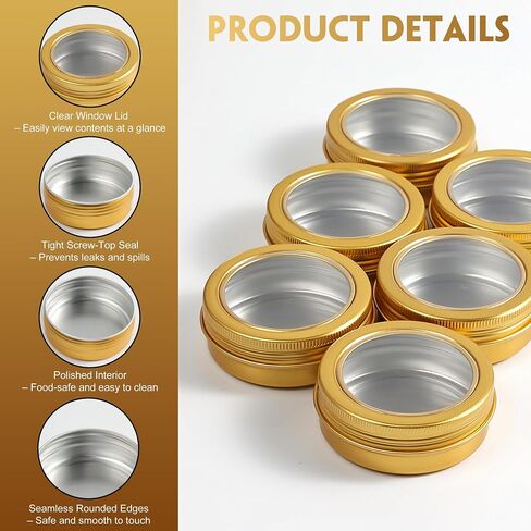 24 Pack 2 Ounce Screw Top Aluminum Tin Jar with Screw Clear Lid and Blank Labels, Refillable 60ml Metal Containers for Lip Balms, Candles, Salves, Spices, Crafts (Gold) in Kuwait