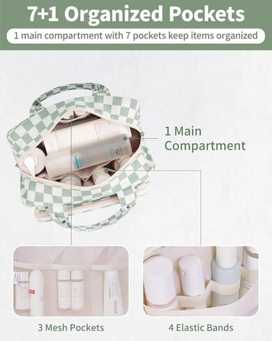 حقيبة أدوات زينة السفر ذات الحجم الكامل Narwey للنساء المسافرات ، منظم كيس مكياج مستحضرات تجميل مفتوحة على مصراعيها ، حقيبة سفر مدققة لمستلزمات الاستحمام مع مقبض (لوحة المشية الخضراء) in Kuwait